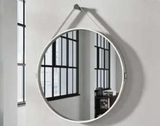 Round Astra mirror with lacquered MDF frame and leather strap by Doimo Salotti.