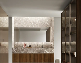 Suspended bathroom vanity unit Shape 20 in walnut by Arcom.