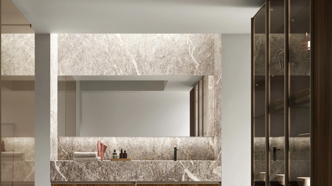 Suspended bathroom vanity unit Shape 20 in walnut by Arcom.