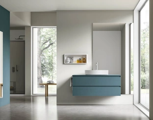 Suspended Bathroom cabinet Shape 29 in oak lacquered in brass by Arcom.