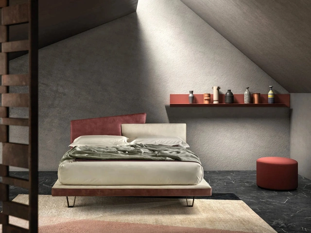 Upholstered leather bed with Link headboard by Bside.