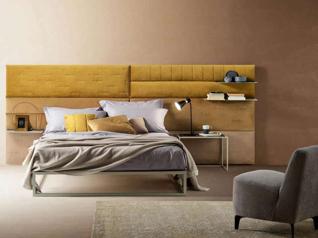 Bed with important headboard in fabric Wall Panels by Bside.