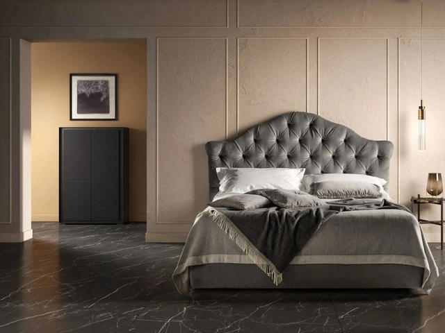 Wooden bed frame with quilted fabric and shaped headboard Queen by Bside.