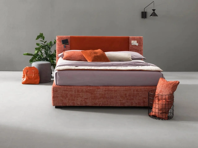 Double bed in fabric with Rift headboard by Bside.