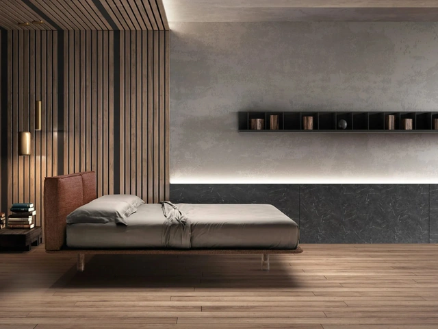 Fabric bed with padded headboard and transparent Stylish feet by Bside.