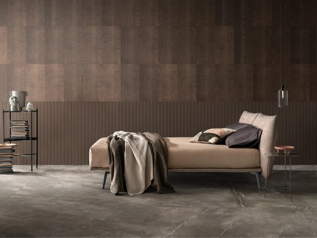 Double bed in fabric with Warp headboard by Bside.