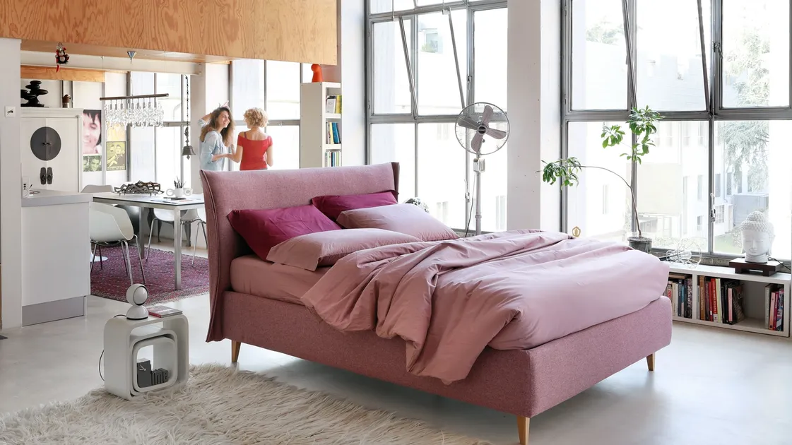 Modern bed, upholstered in fabric, with Osaka headboard by Noctis.