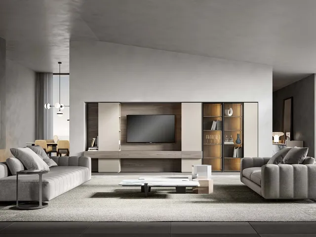 Equipped wall unit in weathered grey ash and matte lacquered with Veneran glass cabinets.