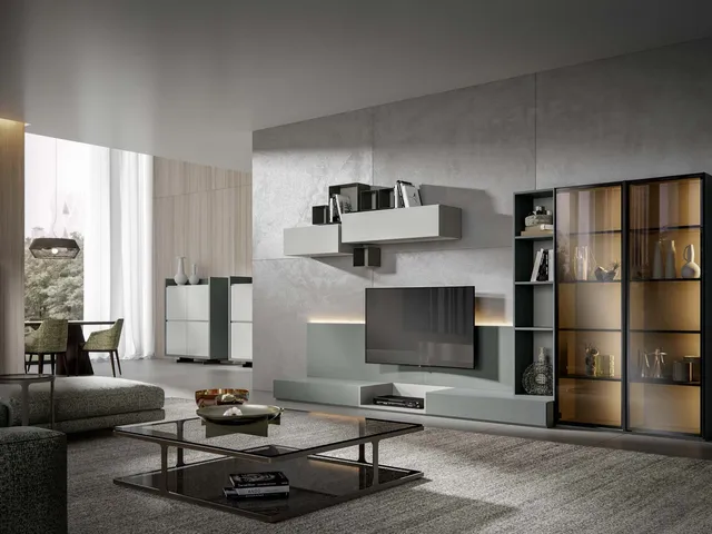 Wall unit Module 04 in Smoked and Ash Matte lacquer with Veneran display cases.
