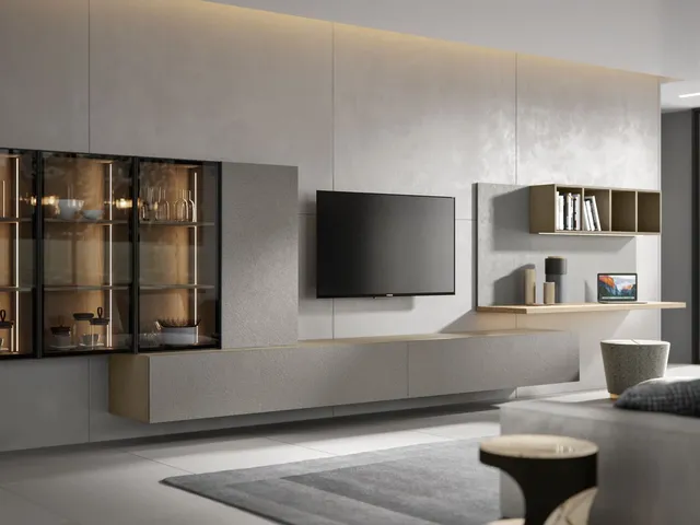 Wall unit Module 08 with Cement Resin finish and Matte Mud lacquer by Veneran