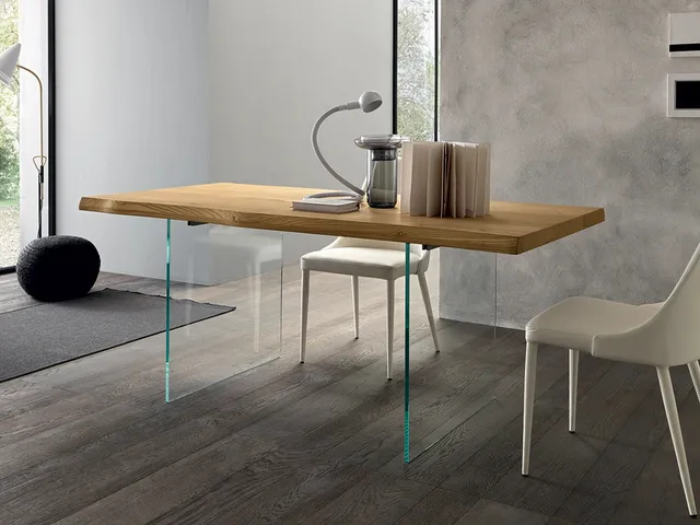 Rectangular Meridiano table by Altacon with wooden top and glass legs.