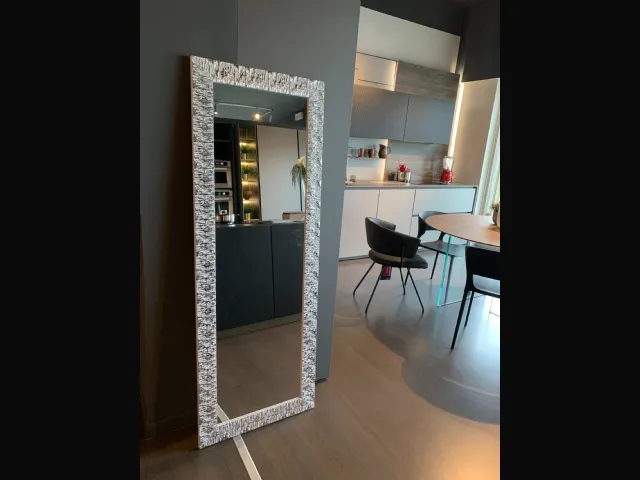 Handcrafted mirror. White/silver striped frame