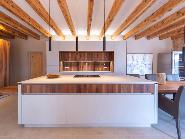 Modern Kitchen with All-Around Island D23 Walnut and Gray by Doimo Cucine