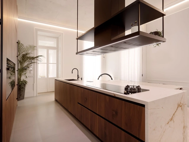Modern Kitchen with Aspen Island in Canaletto Walnut by Doimo Cucine