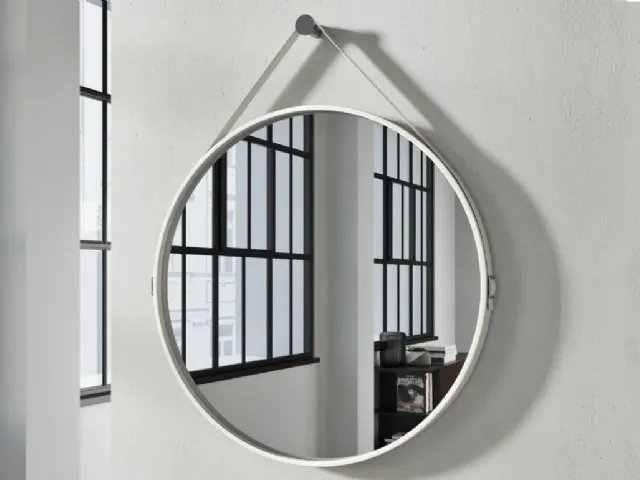 Round Astra mirror with lacquered MDF frame and leather strap by Doimo Salotti.