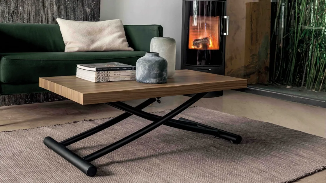 Geniale transformable coffee table with laminate top and metal base by Altacom.