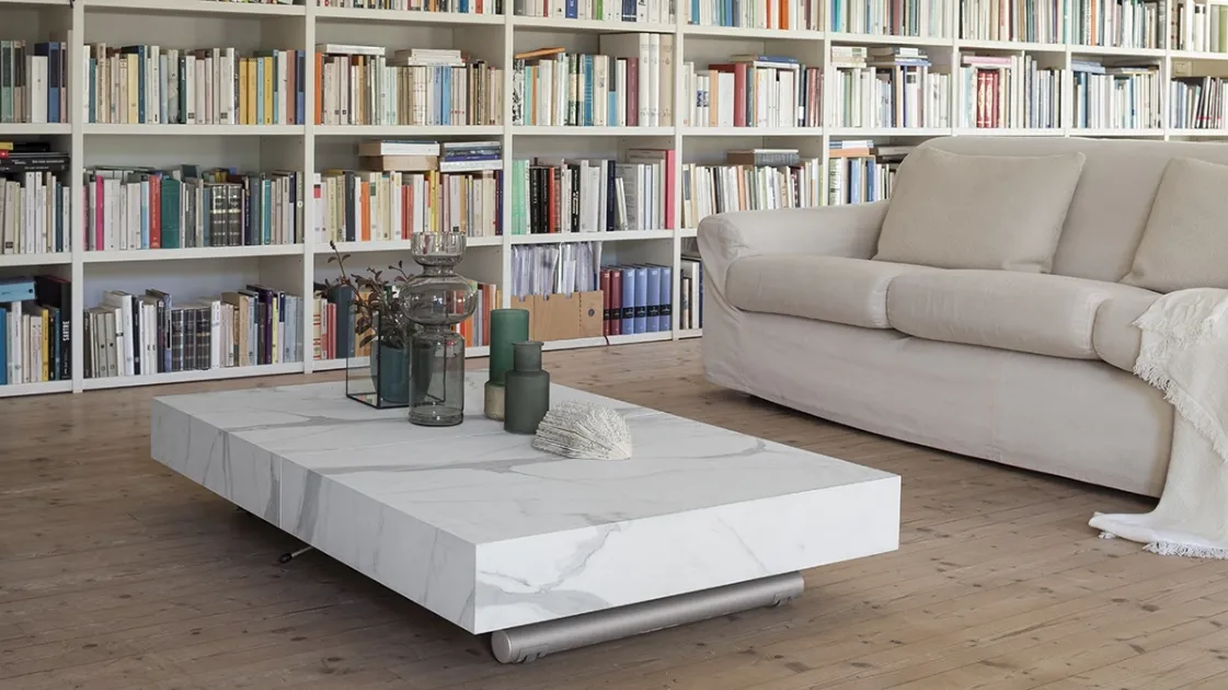 Transformable coffee table with marble effect laminated top Ulisse by Altacom.
