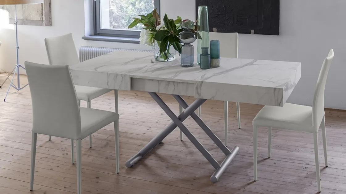 Convertible coffee table with marble effect laminated top and metal base Ulisse by Altacom.