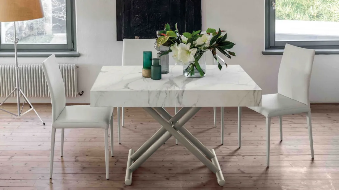 Convertible coffee table with marble effect laminate top and metal base Ulisse by Altacom.