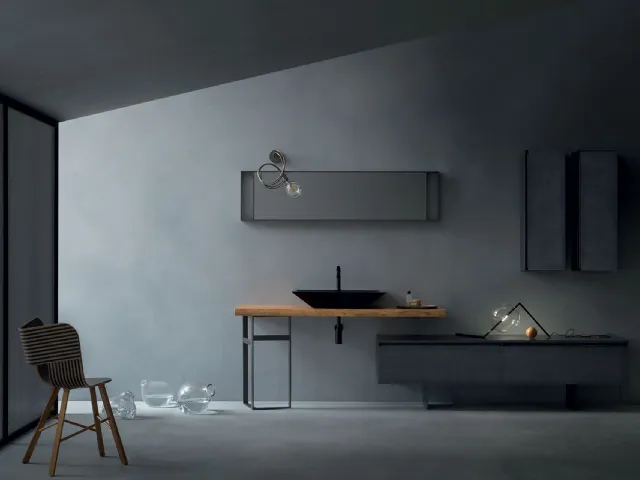 Bathroom vanity unit Eden 00 in lacquered finish with solid wood basin top by Cerasa.