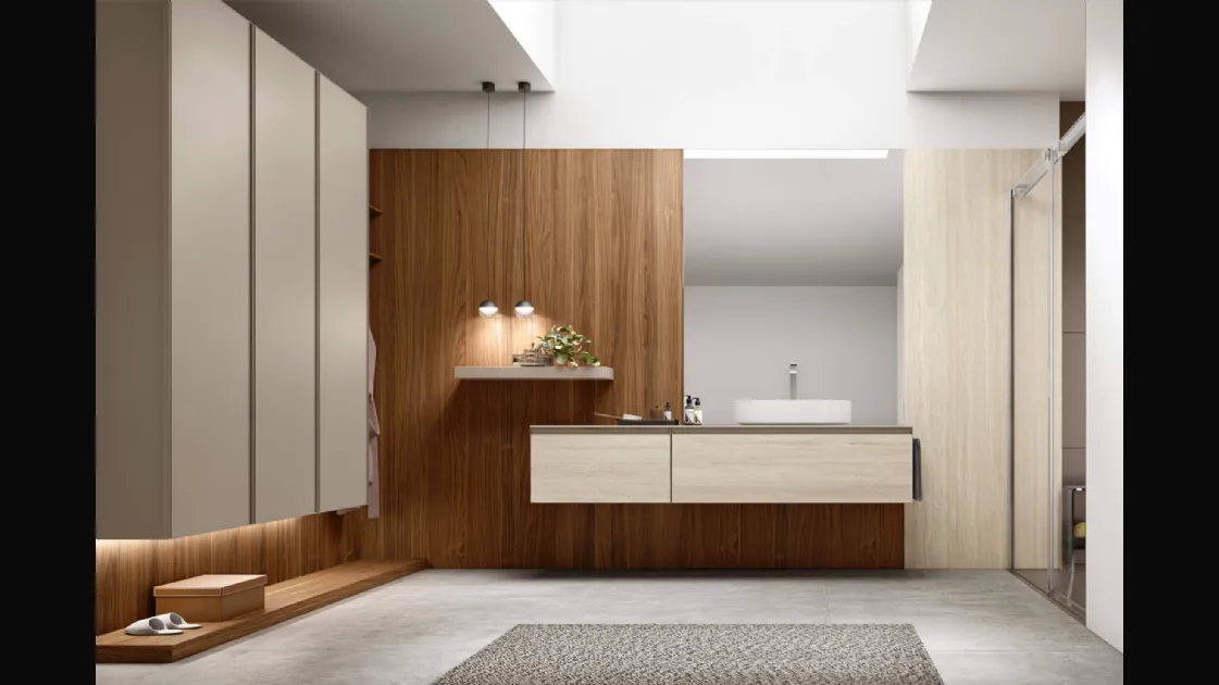 Suspended bathroom cabinet Shape 18 in travertine laminate by Arcom