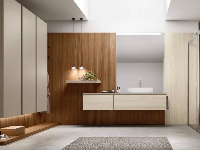 Suspended bathroom cabinet Shape 18 in travertine laminate by Arcom