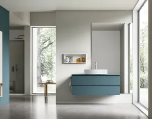 Suspended Bathroom cabinet Shape 29 in oak lacquered in brass by Arcom.