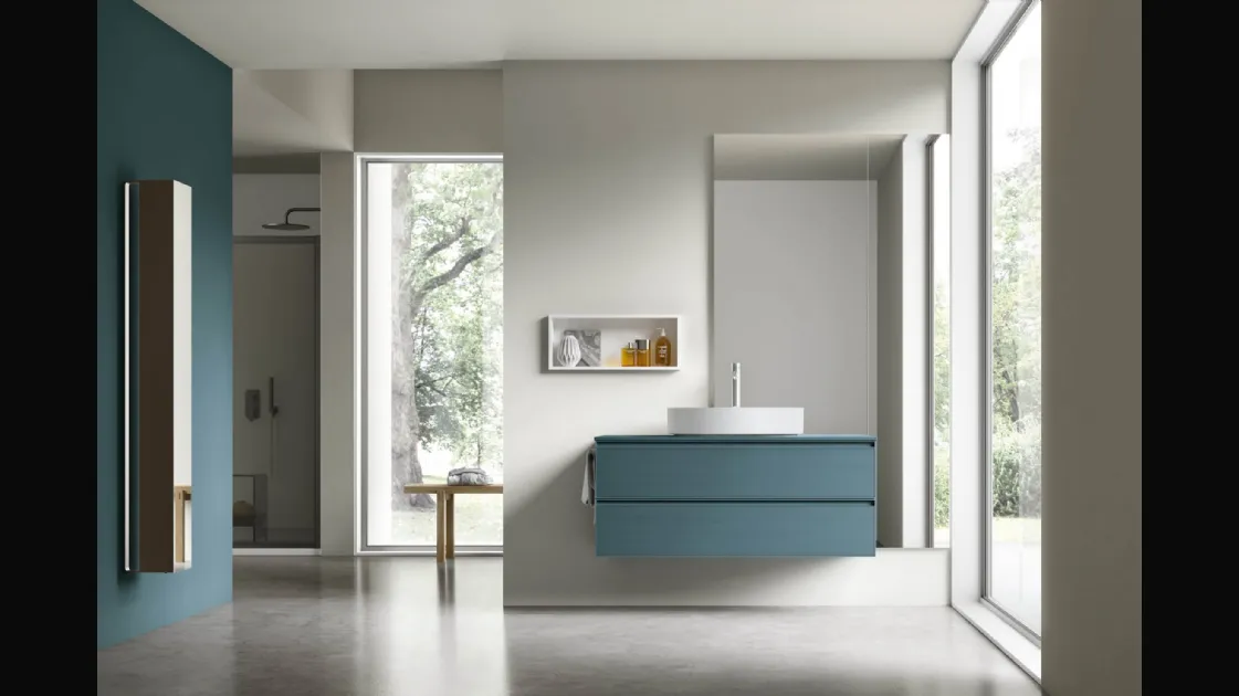 Suspended Bathroom cabinet Shape 29 in oak lacquered in brass by Arcom.