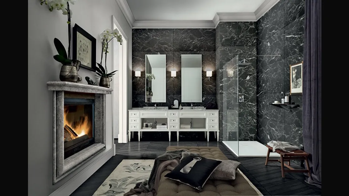 York 01 bathroom cabinet in white lacquered finish and Carrara marble top by Cerasa.