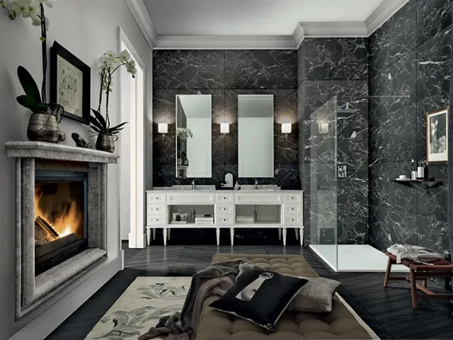 York 01 bathroom cabinet in white lacquered finish and Carrara marble top by Cerasa.