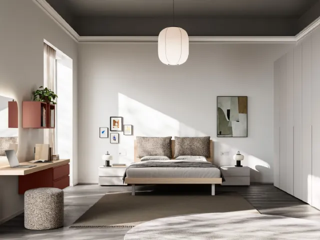 Cremi Night 01 bed with wood effect finish and padded Orme cushions.