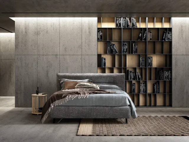 Upholstered fabric bed with Cut headboard by Bside.