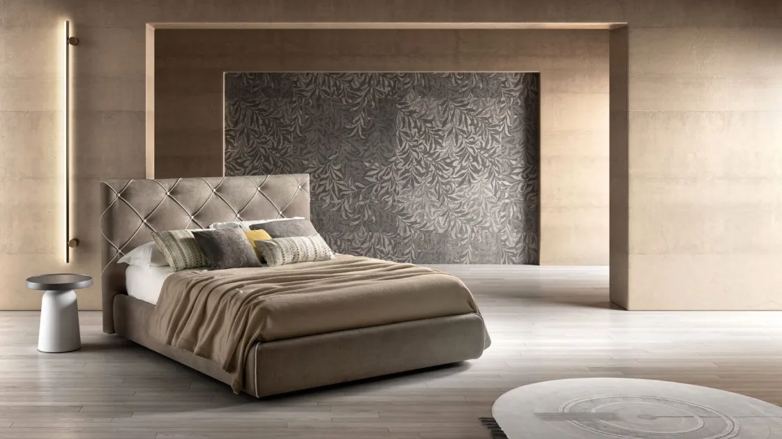 Fabric bed with quilted headboard and Diamond capitonné workmanship by Bside.
