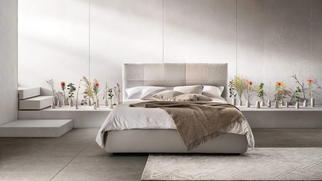 Fabric quilted bed with Essential headboard by Bside.