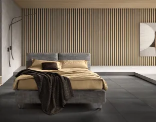 Wooden bed frame covered in fabric with adjustable Form headboard by Bside.