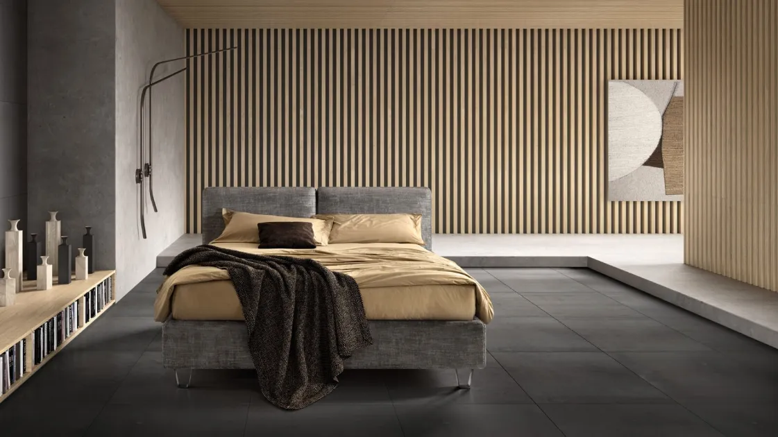 Wooden bed frame covered in fabric with adjustable Form headboard by Bside.