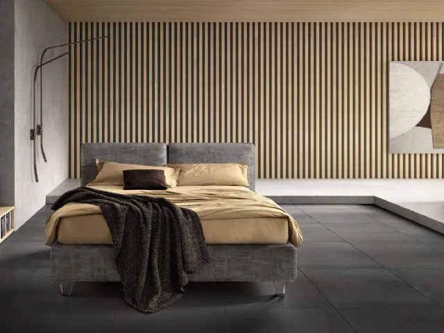 Wooden bed frame covered in fabric with adjustable Form headboard by Bside.
