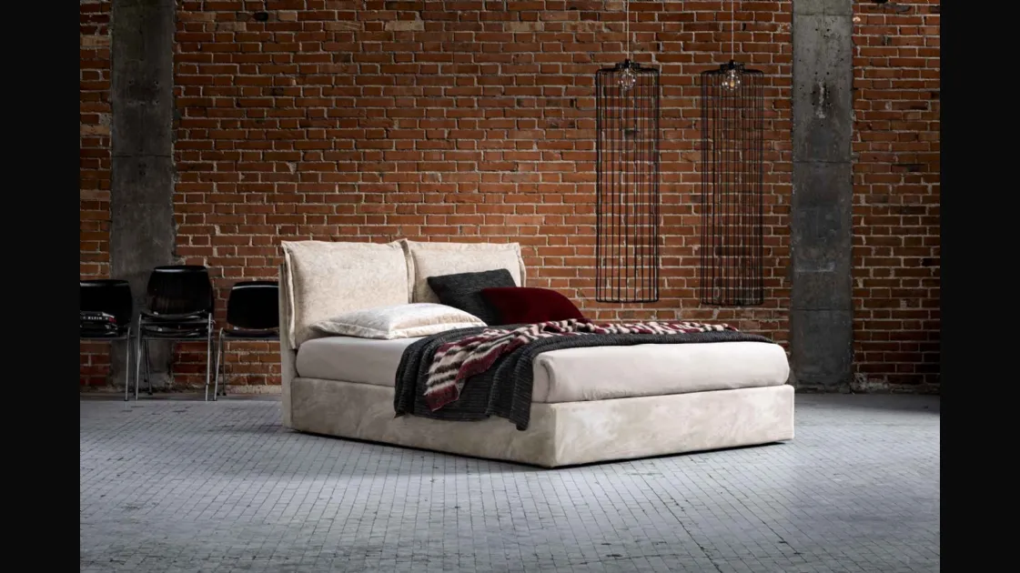 Upholstered fabric bed with storage box and Gabbana headboard by Veneran.