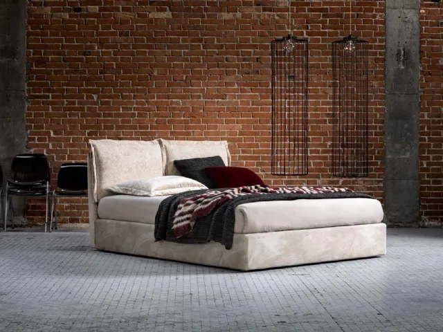 Upholstered fabric bed with storage box and Gabbana headboard by Veneran.