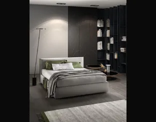 Upholstered fabric bed with Good Rim headboard by Bside.