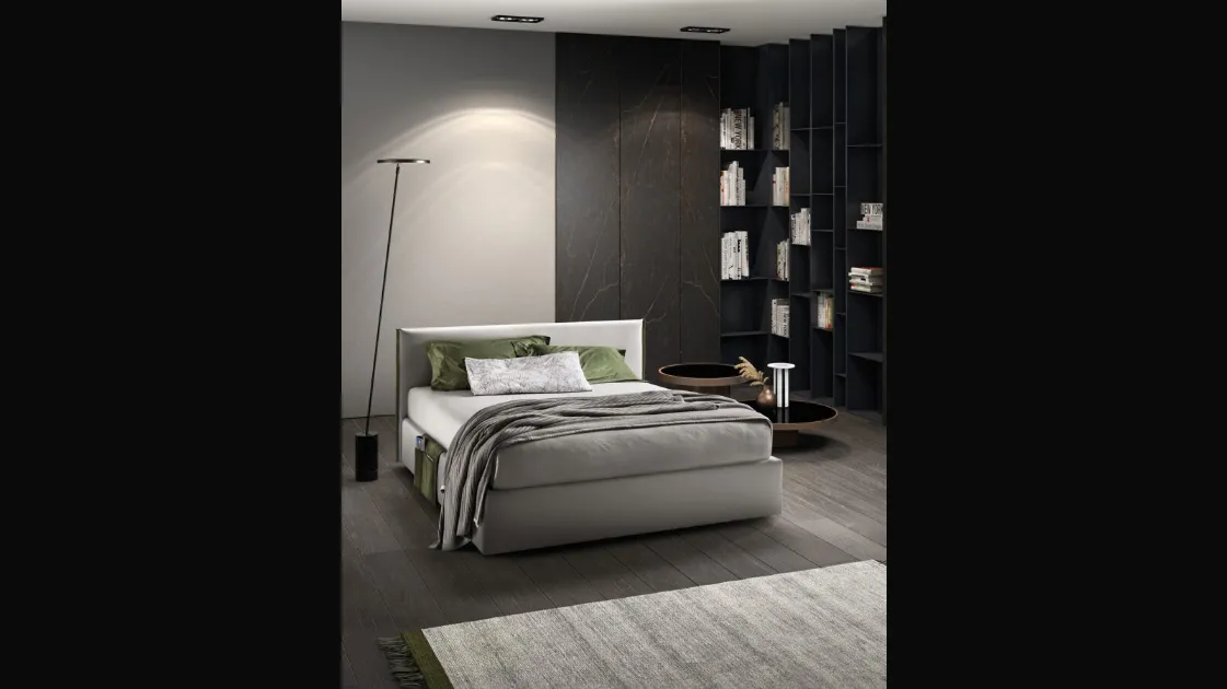 Upholstered fabric bed with Good Rim headboard by Bside.
