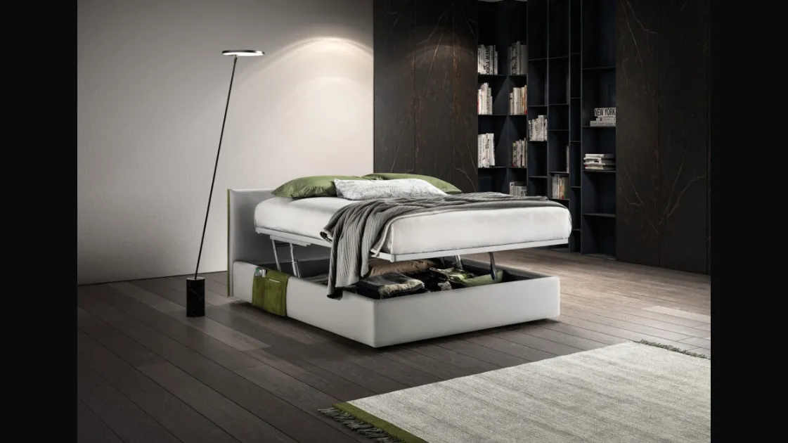 Upholstered fabric bed with headboard and Good Rim storage box by Bside