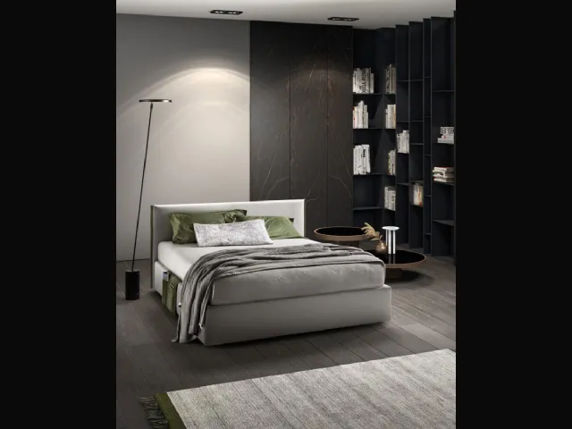 Upholstered fabric bed with Good Rim headboard by Bside.