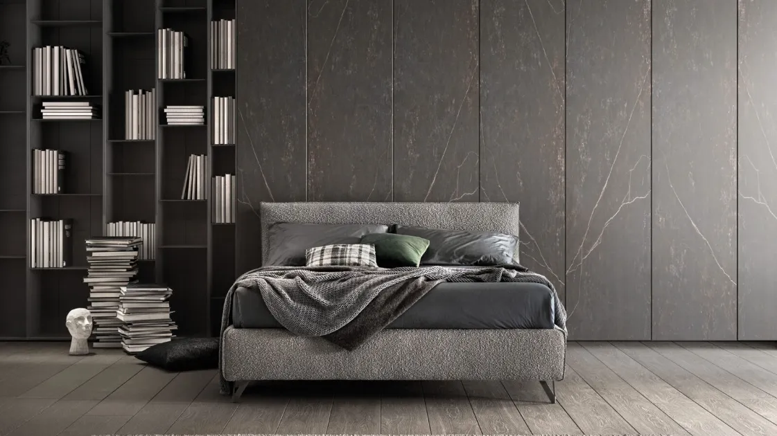 Bed with a wooden structure padded and covered in Good fabric by Bside.