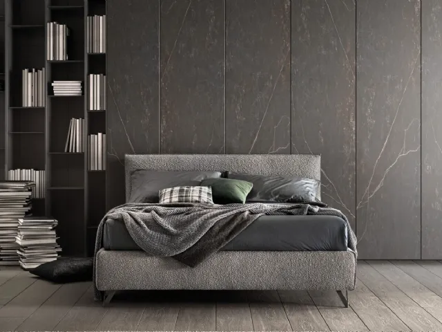 Bed with a wooden structure padded and covered in Good fabric by Bside.