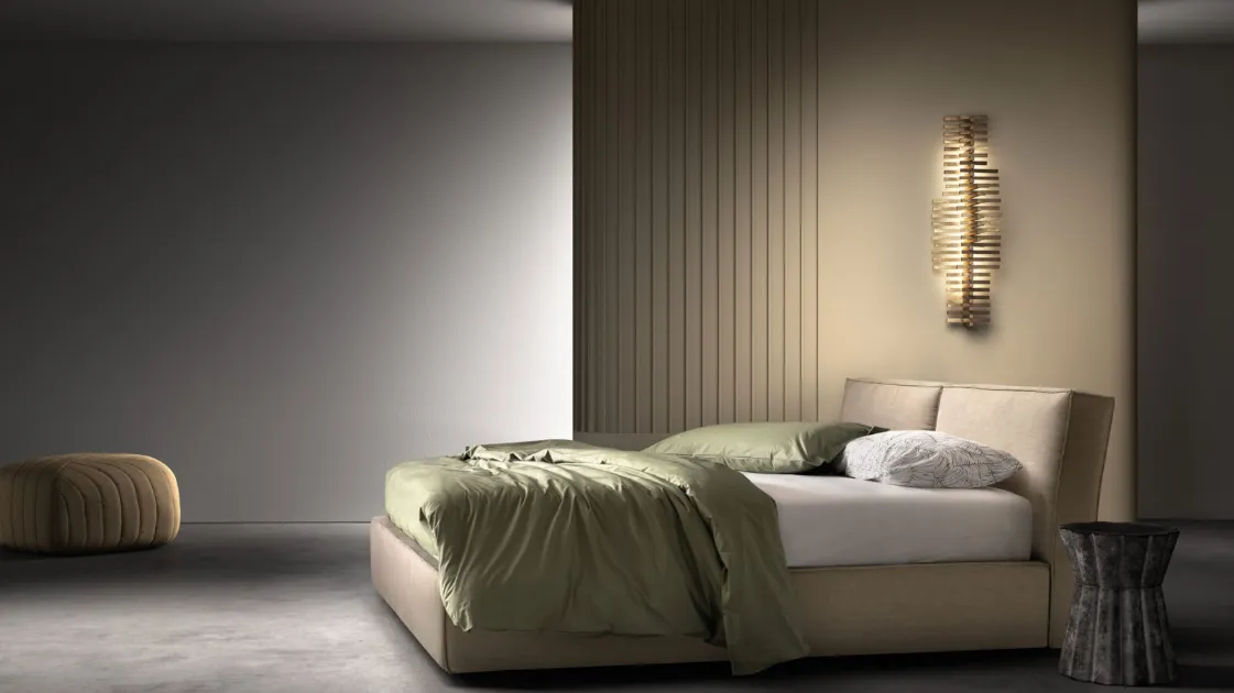 Double bed in padded fabric with Light headboard by Bside.