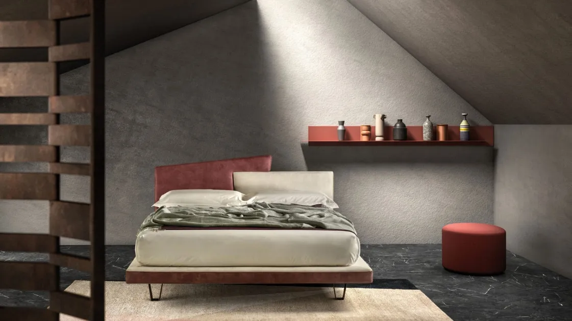 Upholstered leather bed with Link headboard by Bside.