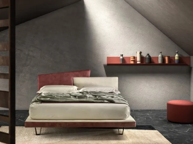 Upholstered leather bed with Link headboard by Bside.