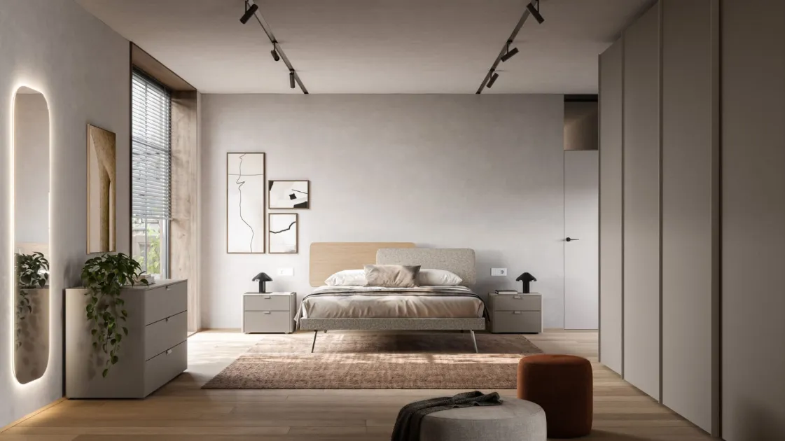 Double bed Loli Night 18 in upholstered fabric and textured Arena by Orme.