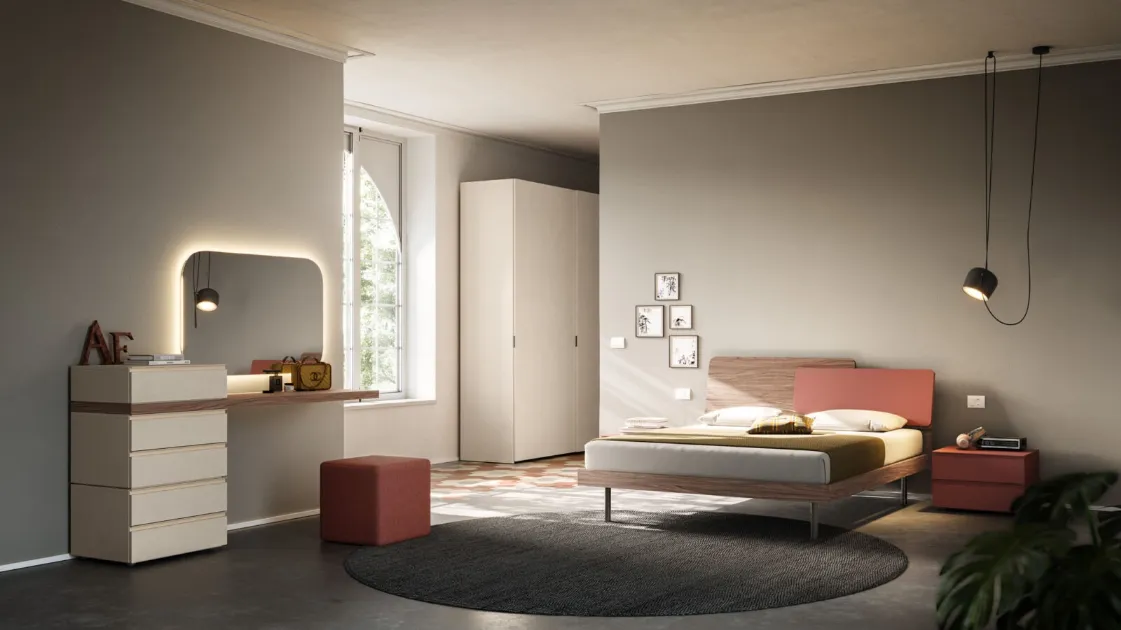 Double bed Loli Night 19 in textured Walnut and Brick by Orme.